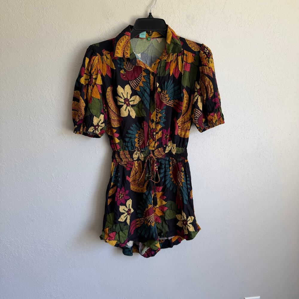 FARM RIO Ballet de Araras Macaquinho Romper Black Vibrant Tropical Womens PP XS